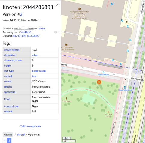 Screenshot von OSM zeigt die Daten einer Blutpflaume im Rathauspark