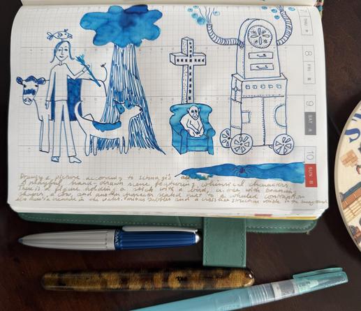 Sketch in sketchbook of me holding a stick. I have a bird on my head. Behind me is a Lakenvelder cow. Doggo is next to me in front of a bulbous tree. A monkey is sitting in a chair, behind him is a cross in the background. Next to the monkey is a wheeled contraption, bubbles are coming out of its arm-like tubes. In front of it some water with a spider in the water. In front of the Hobonichi used as sketchbook are two fountain pens and a waterbrush. The fountain pens are a diplomat aero and a tamenuri urushi.