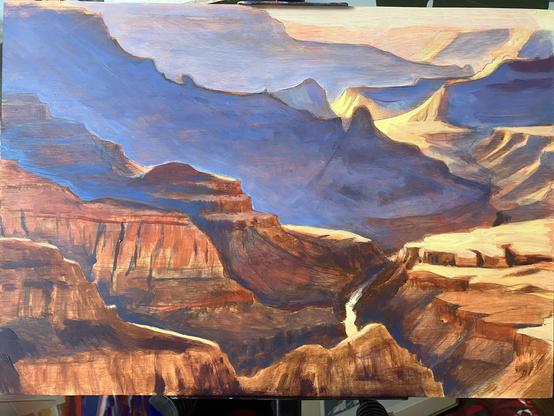 Grand canyon painting emphasizing sediment layers and atmospheric perspective. We can see a bit of river, perhaps the colorado.