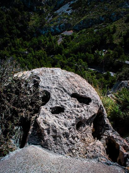 Close-up of "Sa Calavera", a natural skull shaped limestone rock in the Serra de Tramuntana mountain range in Mallorca. The surface is very rough with large pockmarks. There are three holes resembling two eye sockets and a nose. Natural sharp ridges across the surface of the rock create shadows that look like teeth. In the distant background is dense green forest on a sharp hillside.