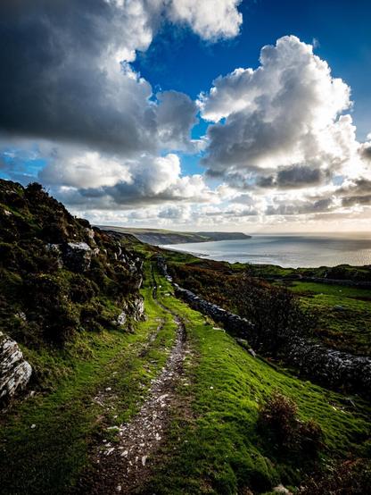 A rocky dirt footpath winds along a vibrant green, grassy hillside with patches of orange foliage next to a dry stone wall. In the distance ahead the coastline and the sea can be seen under a blue sky filled with large, bright white clouds.